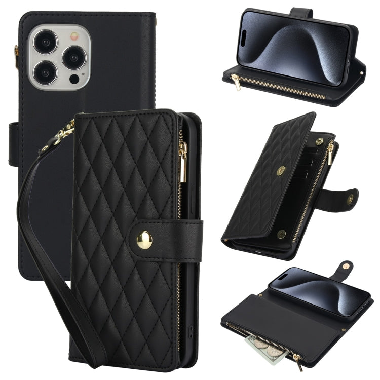 For iPhone 15 Pro YM016 Rhombic Zipper Card Wallet Leather Phone Case with Lanyard(Black) - HoMEdemic™ 