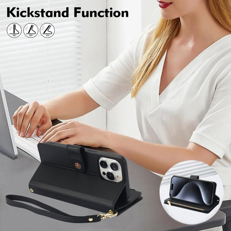 For iPhone 15 Pro YM016 Rhombic Zipper Card Wallet Leather Phone Case with Lanyard(Black) - HoMEdemic™ 