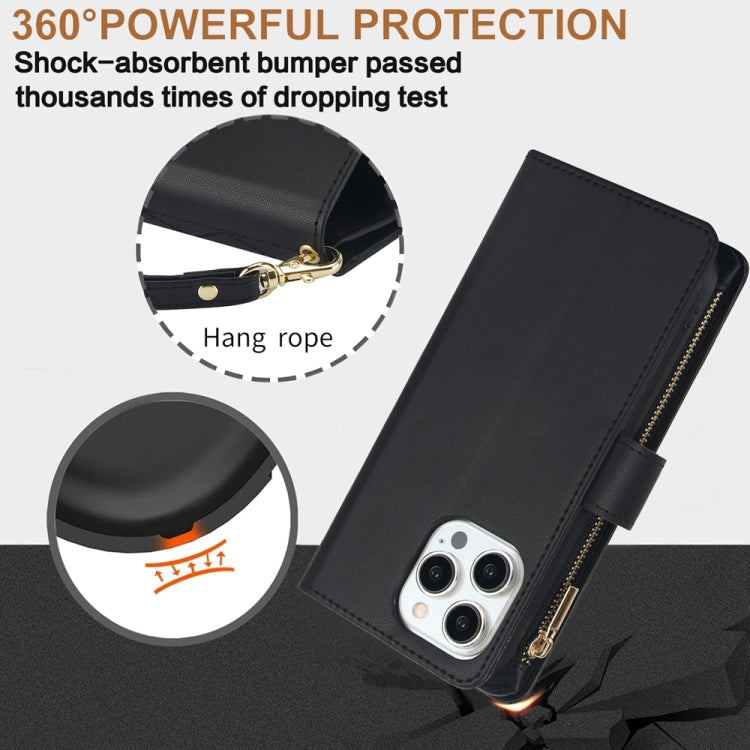 For iPhone 15 Pro YM016 Rhombic Zipper Card Wallet Leather Phone Case with Lanyard(Black) - HoMEdemic™ 