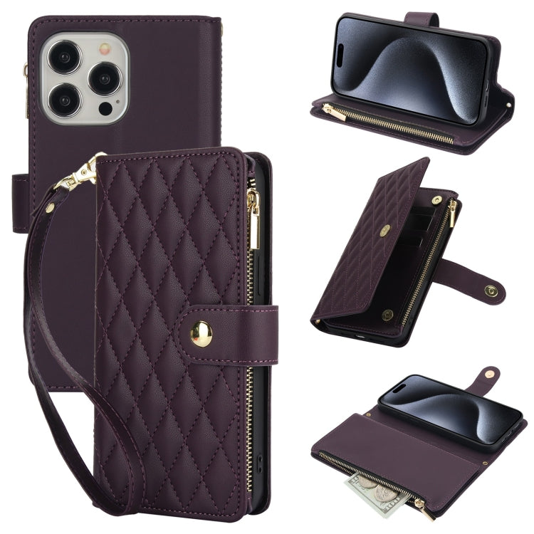 For iPhone 15 Pro YM016 Rhombic Zipper Card Wallet Leather Phone Case with Lanyard(Dark Purple) - HoMEdemic™ 