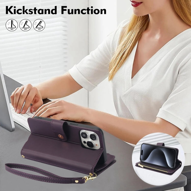 For iPhone 15 Pro YM016 Rhombic Zipper Card Wallet Leather Phone Case with Lanyard(Dark Purple) - HoMEdemic™ 