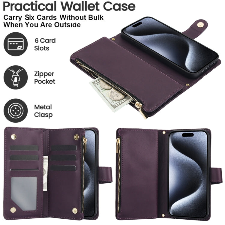For iPhone 15 Pro YM016 Rhombic Zipper Card Wallet Leather Phone Case with Lanyard(Dark Purple) - HoMEdemic™ 