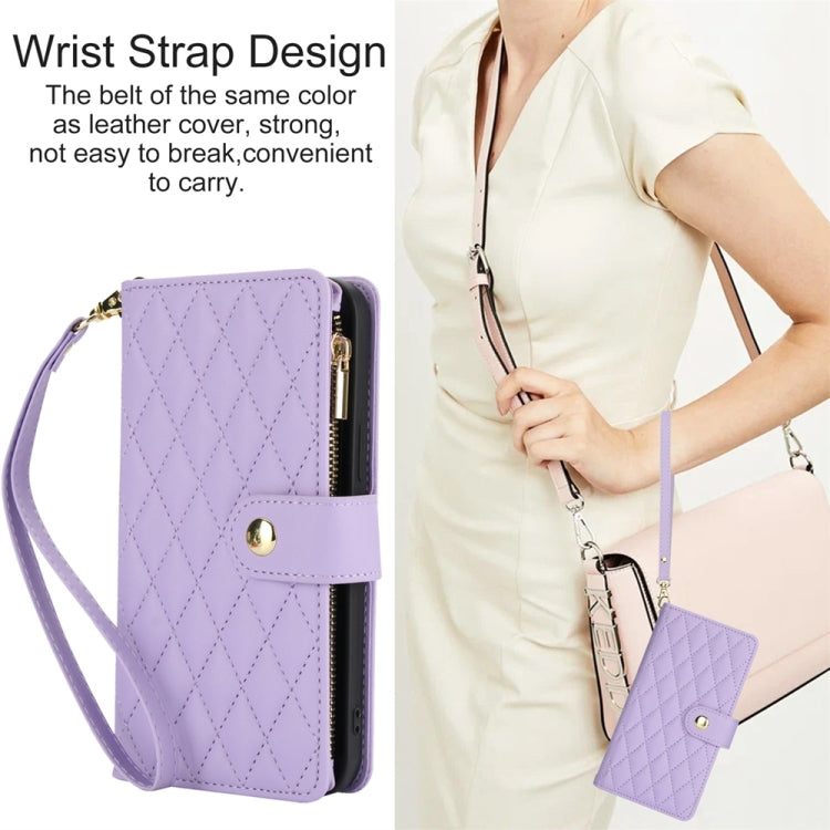 For iPhone 15 Pro YM016 Rhombic Zipper Card Wallet Leather Phone Case with Lanyard(Light Purple) - HoMEdemic™ 