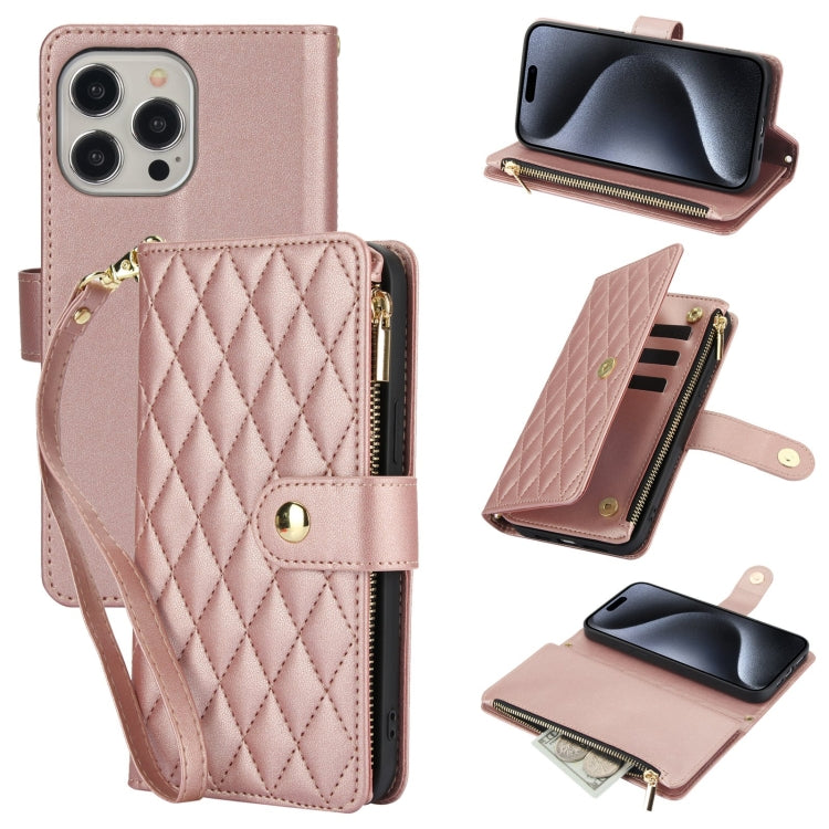 For iPhone 15 Pro YM016 Rhombic Zipper Card Wallet Leather Phone Case with Lanyard(Rose Gold) - HoMEdemic™ 