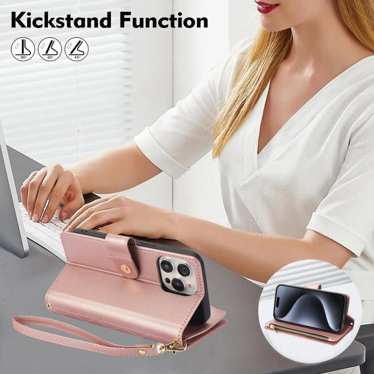 For iPhone 15 Pro YM016 Rhombic Zipper Card Wallet Leather Phone Case with Lanyard(Rose Gold) - HoMEdemic™ 