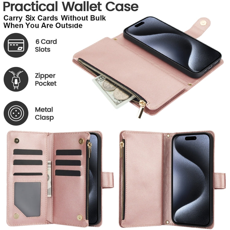 For iPhone 15 Pro YM016 Rhombic Zipper Card Wallet Leather Phone Case with Lanyard(Rose Gold) - HoMEdemic™ 