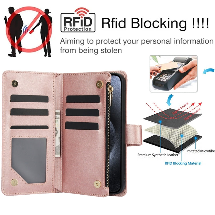 For iPhone 15 Pro YM016 Rhombic Zipper Card Wallet Leather Phone Case with Lanyard(Rose Gold) - HoMEdemic™ 