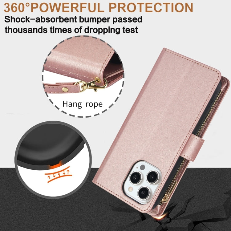 For iPhone 15 Pro YM016 Rhombic Zipper Card Wallet Leather Phone Case with Lanyard(Rose Gold) - HoMEdemic™ 