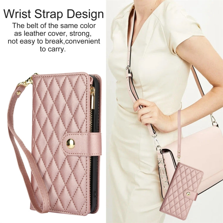 For iPhone 15 Pro YM016 Rhombic Zipper Card Wallet Leather Phone Case with Lanyard(Rose Gold) - HoMEdemic™ 