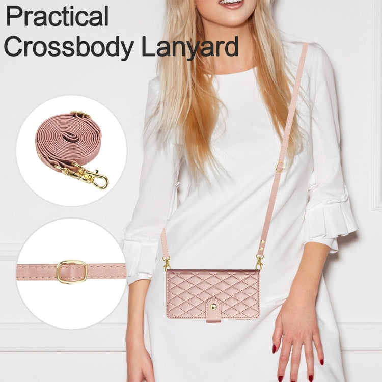 For iPhone 15 Pro YM016 Rhombic Zipper Card Wallet Leather Phone Case with Lanyard(Rose Gold) - HoMEdemic™ 