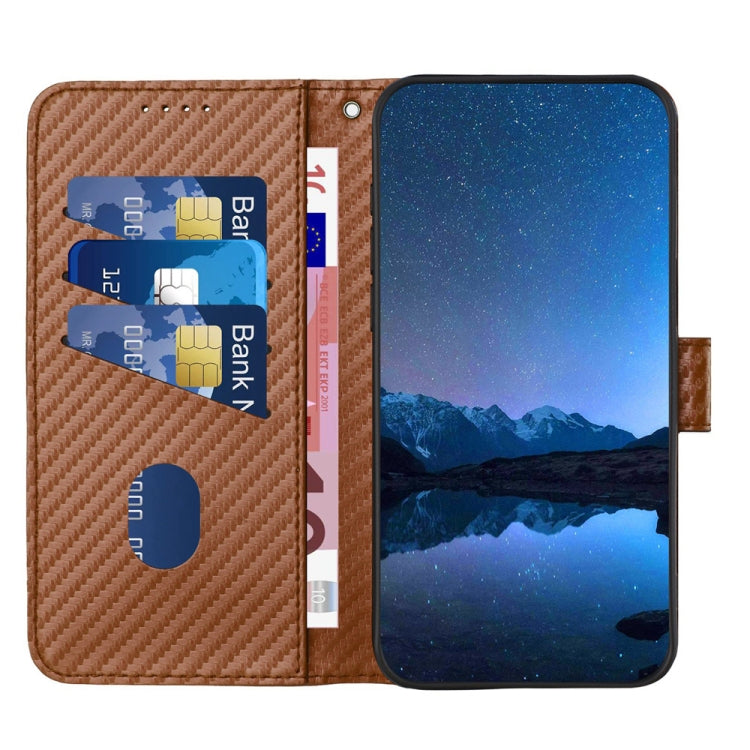 For iPhone 15 Pro YX0070 Carbon Fiber Buckle Leather Phone Case with Lanyard(Coffee) - HoMEdemic™ 