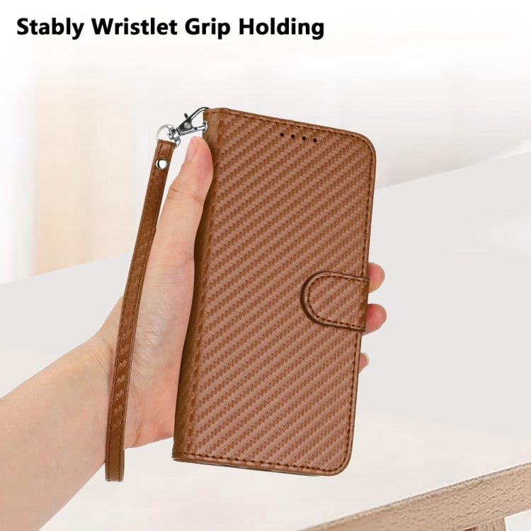 For iPhone 15 Pro YX0070 Carbon Fiber Buckle Leather Phone Case with Lanyard(Coffee) - HoMEdemic™ 