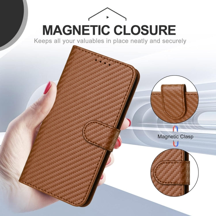 For iPhone 15 Pro YX0070 Carbon Fiber Buckle Leather Phone Case with Lanyard(Coffee) - HoMEdemic™ 