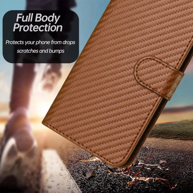 For iPhone 15 Pro YX0070 Carbon Fiber Buckle Leather Phone Case with Lanyard(Coffee) - HoMEdemic™ 
