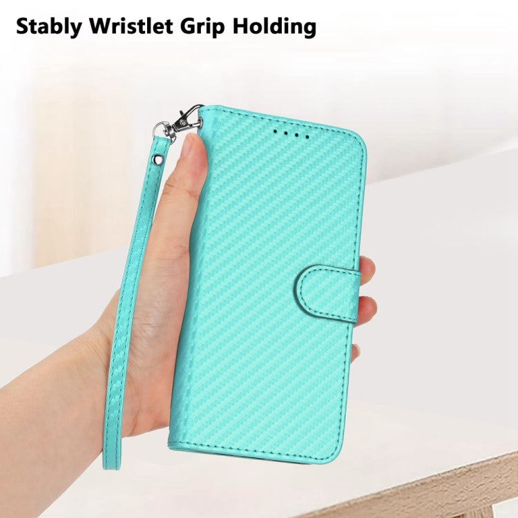 For iPhone 15 Pro YX0070 Carbon Fiber Buckle Leather Phone Case with Lanyard(Light Blue) - HoMEdemic™ 