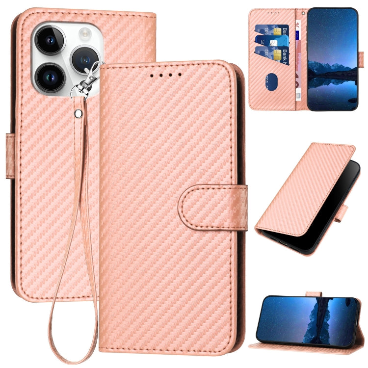 For iPhone 15 Pro YX0070 Carbon Fiber Buckle Leather Phone Case with Lanyard(Pink) - HoMEdemic™ 