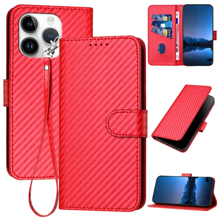 For iPhone 15 Pro YX0070 Carbon Fiber Buckle Leather Phone Case with Lanyard(Red) - HoMEdemic™ 