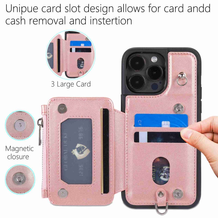 For iPhone 15 Pro Zipper Card Slots RFID Phone Case(Rose Gold) - HoMEdemic™ 