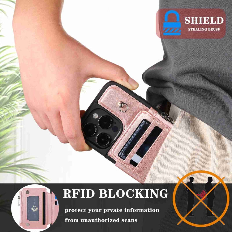 For iPhone 15 Pro Zipper Card Slots RFID Phone Case(Rose Gold) - HoMEdemic™ 