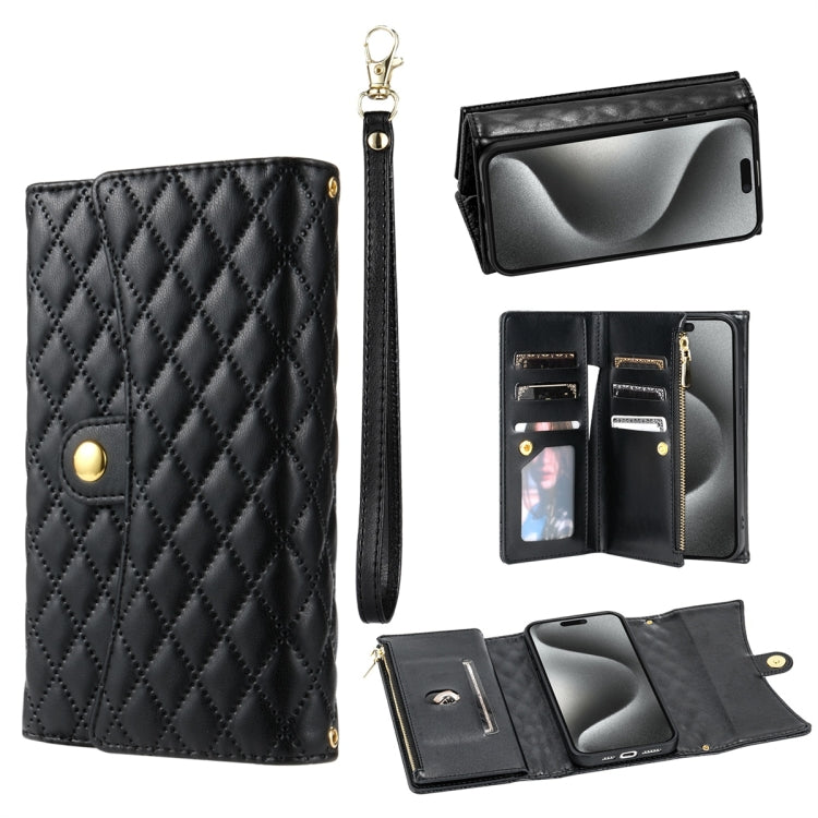 For iPhone 15 Pro Zipper Multi-Card Wallet Rhombic Leather Phone Case(Black) - HoMEdemic™ 