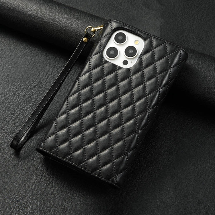 For iPhone 15 Pro Zipper Multi-Card Wallet Rhombic Leather Phone Case(Black) - HoMEdemic™ 