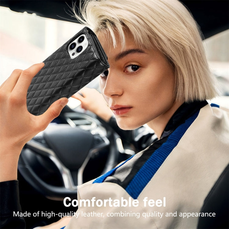 For iPhone 15 Pro Zipper Multi-Card Wallet Rhombic Leather Phone Case(Black) - HoMEdemic™ 