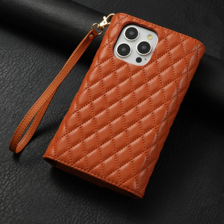 For iPhone 15 Pro Zipper Multi-Card Wallet Rhombic Leather Phone Case(Brown) - HoMEdemic™ 