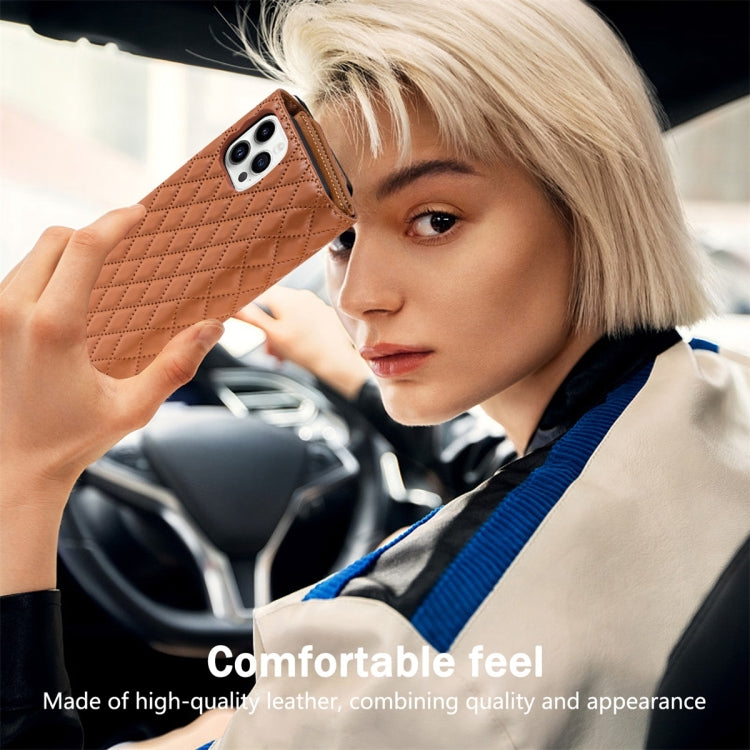 For iPhone 15 Pro Zipper Multi-Card Wallet Rhombic Leather Phone Case(Brown) - HoMEdemic™ 