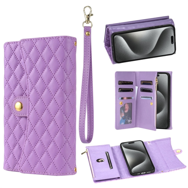 For iPhone 15 Pro Zipper Multi-Card Wallet Rhombic Leather Phone Case(Purple) - HoMEdemic™ 