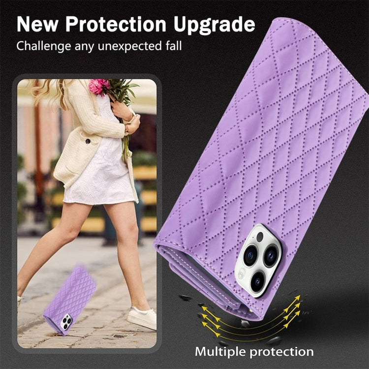 For iPhone 15 Pro Zipper Multi-Card Wallet Rhombic Leather Phone Case(Purple) - HoMEdemic™ 