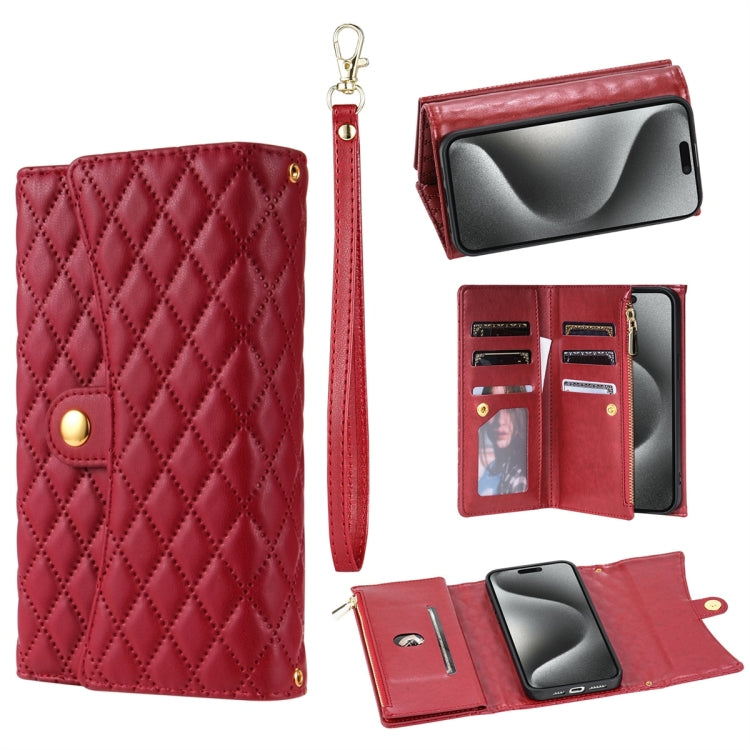 For iPhone 15 Pro Zipper Multi-Card Wallet Rhombic Leather Phone Case(Red) - HoMEdemic™ 
