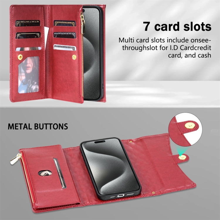 For iPhone 15 Pro Zipper Multi-Card Wallet Rhombic Leather Phone Case(Red) - HoMEdemic™ 