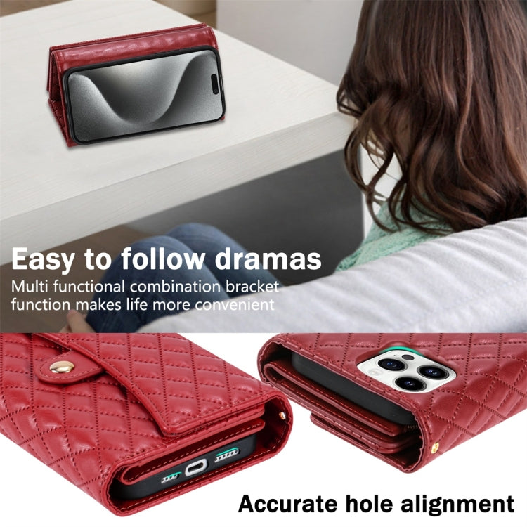 For iPhone 15 Pro Zipper Multi-Card Wallet Rhombic Leather Phone Case(Red) - HoMEdemic™ 