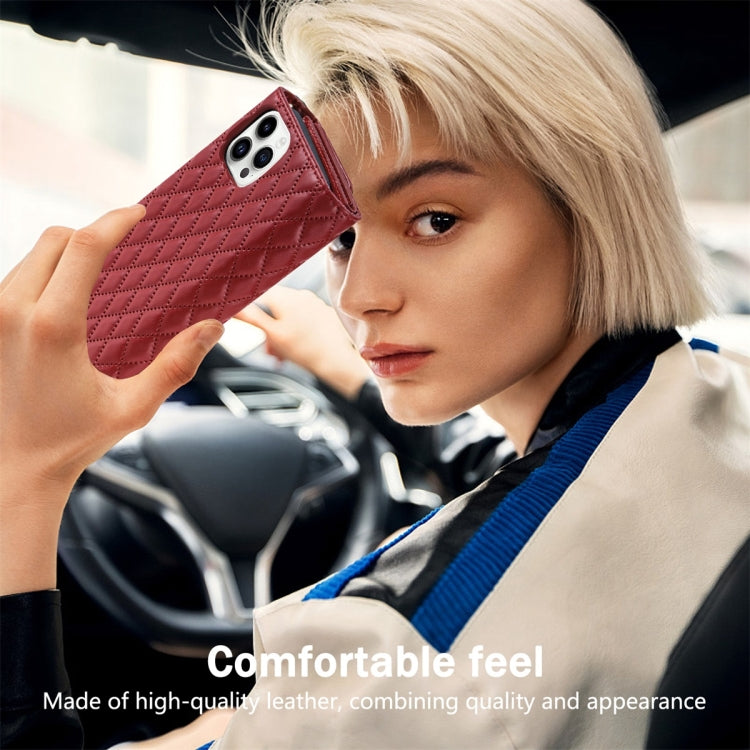 For iPhone 15 Pro Zipper Multi-Card Wallet Rhombic Leather Phone Case(Red) - HoMEdemic™ 