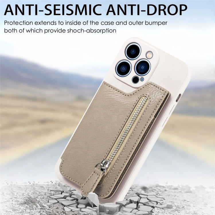 For iPhone 15 Pro Zipper Wallet Leather Back Shockproof Phone Case(Khaki) - HoMEdemic™ 