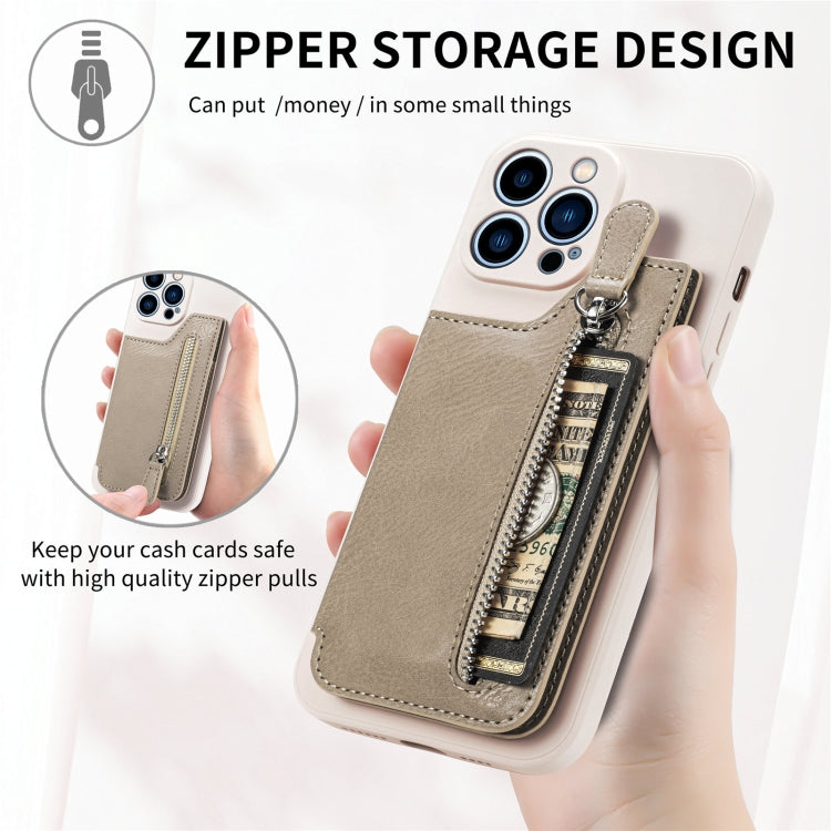 For iPhone 15 Pro Zipper Wallet Leather Back Shockproof Phone Case(Khaki) - HoMEdemic™ 