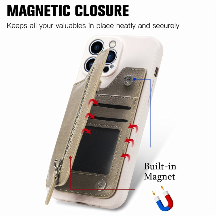 For iPhone 15 Pro Zipper Wallet Leather Back Shockproof Phone Case(Khaki) - HoMEdemic™ 