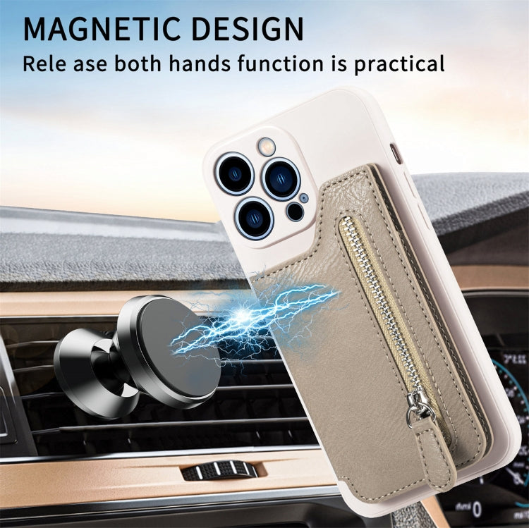 For iPhone 15 Pro Zipper Wallet Leather Back Shockproof Phone Case(Khaki) - HoMEdemic™ 