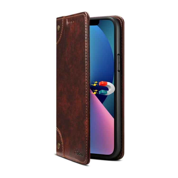 For iPhone 15 Suteni Baroque Calf Texture Buckle Wallet Leather Phone Case(Brown) - HoMEdemic™ 