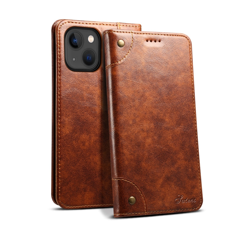 For iPhone 15 Suteni Baroque Calf Texture Buckle Wallet Leather Phone Case(Khaki) - HoMEdemic™ 