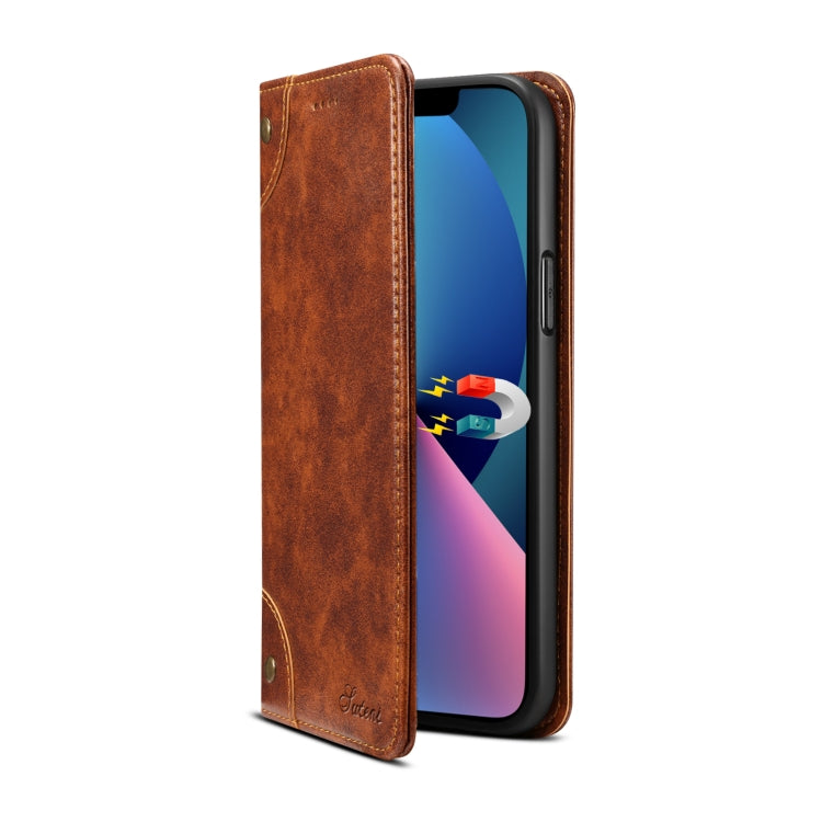 For iPhone 15 Suteni Baroque Calf Texture Buckle Wallet Leather Phone Case(Khaki) - HoMEdemic™ 