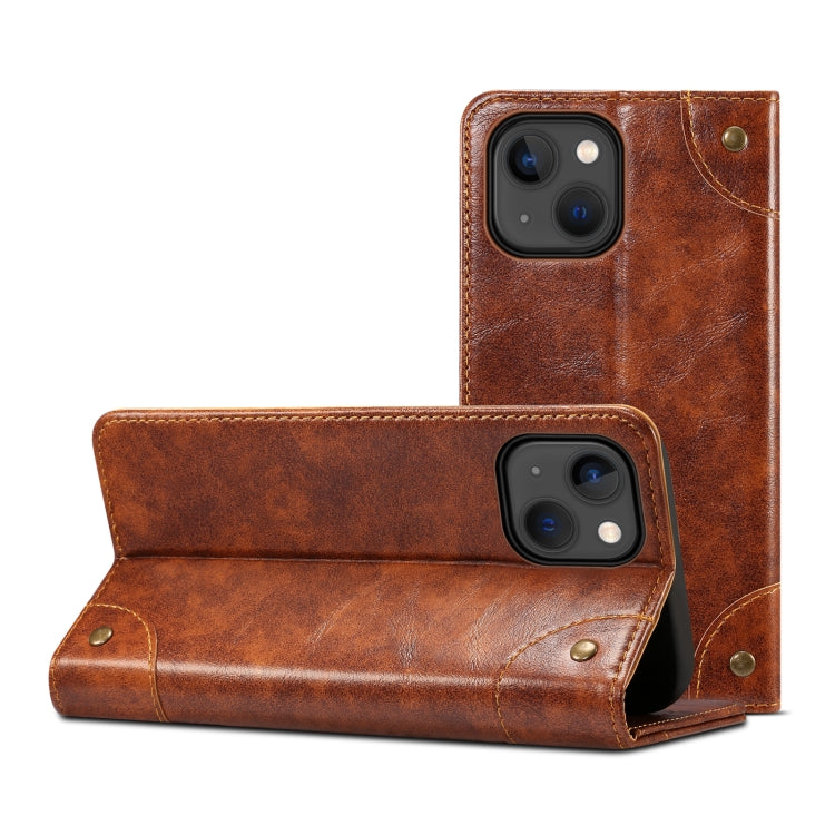 For iPhone 15 Suteni Baroque Calf Texture Buckle Wallet Leather Phone Case(Khaki) - HoMEdemic™ 