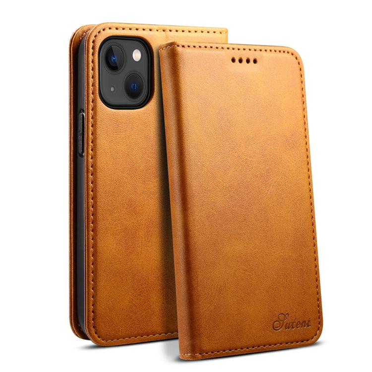 For iPhone 15 Suteni Calf Texture Horizontal Flip Leather Phone Case(Khaki) - HoMEdemic™ 
