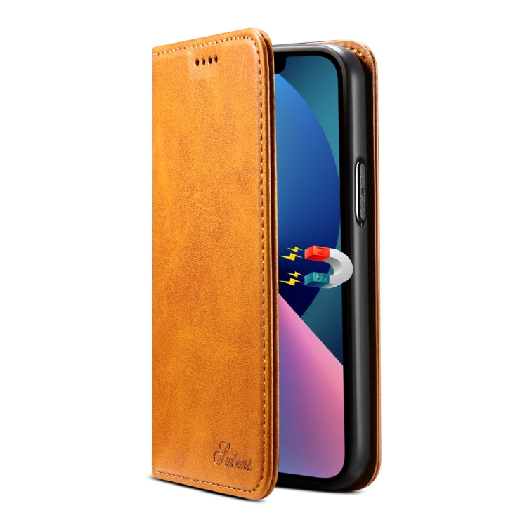 For iPhone 15 Suteni Calf Texture Horizontal Flip Leather Phone Case(Khaki) - HoMEdemic™ 