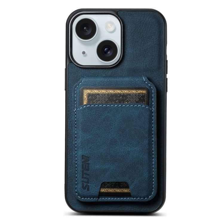 For iPhone 15 Suteni H02 Litchi Leather Card Wallet Stand Back Phone Case(Blue) - HoMEdemic™ 