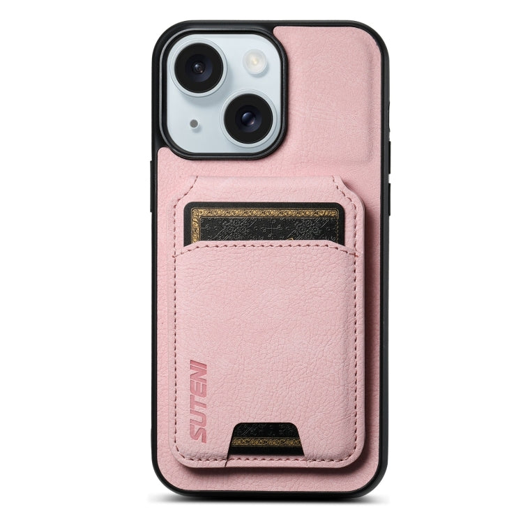 For iPhone 15 Suteni H02 Litchi Leather Card Wallet Stand Back Phone Case(Pink) - HoMEdemic™ 