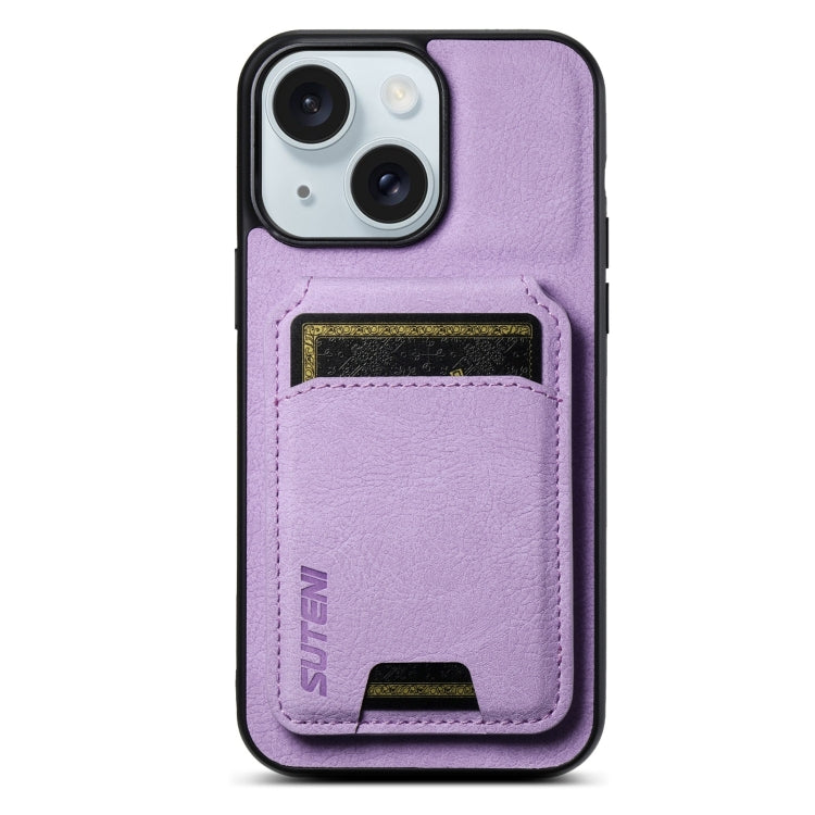 For iPhone 15 Suteni H02 Litchi Leather Card Wallet Stand Back Phone Case(Purple) - HoMEdemic™ 