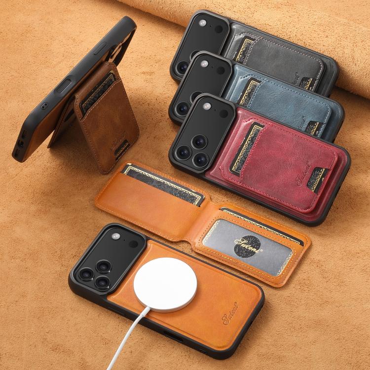 For iPhone 15 Suteni H15 MagSafe Oil Eax Leather Detachable Wallet Back Phone Case(Khaki) - HoMEdemic™ 