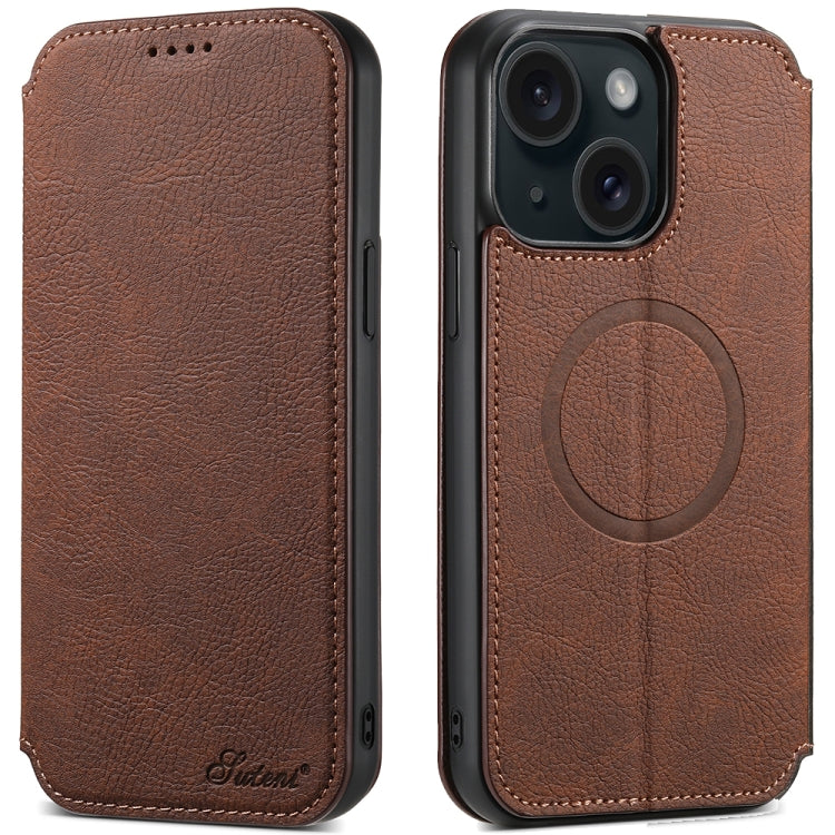 For iPhone 15 Suteni J06 Retro Matte Litchi Texture Leather MagSafe Phone Case(Brown) - HoMEdemic™ 