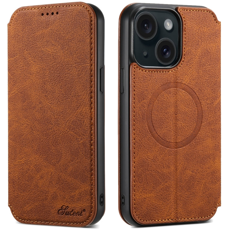 For iPhone 15 Suteni J06 Retro Matte Litchi Texture Leather MagSafe Phone Case(Khaki) - HoMEdemic™ 